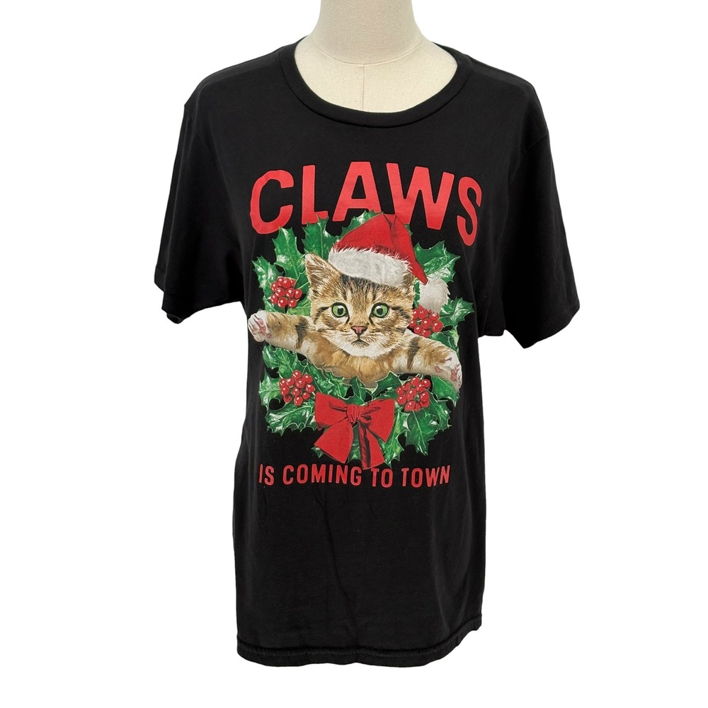 Holiday Time Graphic Tee Black Claws is Coming to Town Kitten Christmas Size S
